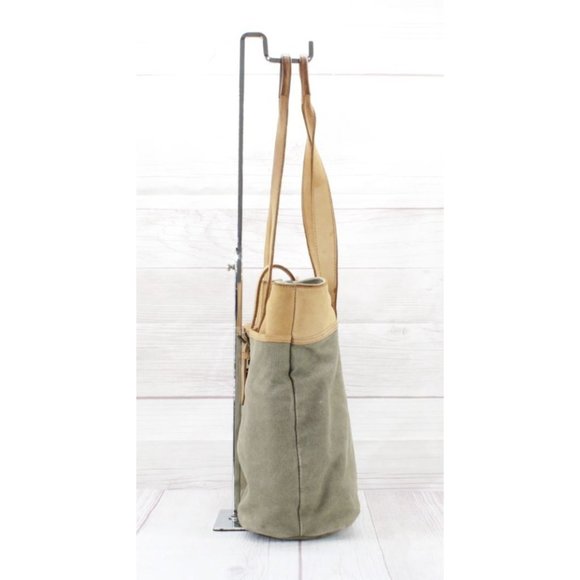 Vintage LL Bean Green Tan Cotton Colorblock Buckle Shoulder Tote Bag - Picture 5 of 10